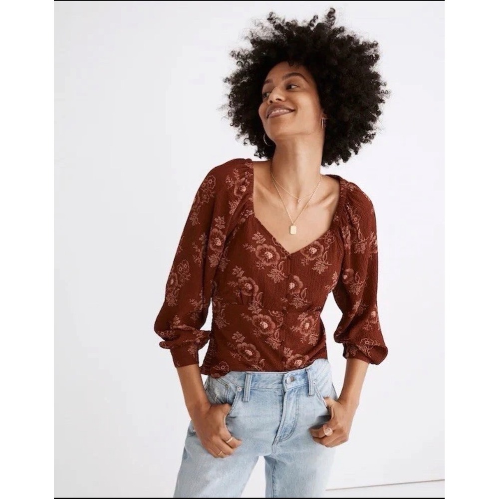 Madewell Floral Sweetheart Neck Smocked Back Small Terracotta Boho Prairie Chic